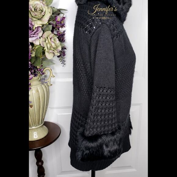 Essentiel Antwerp Black Wool Cable Knit Faux Mink Trimmed Cardigan - Picture 10 of 13